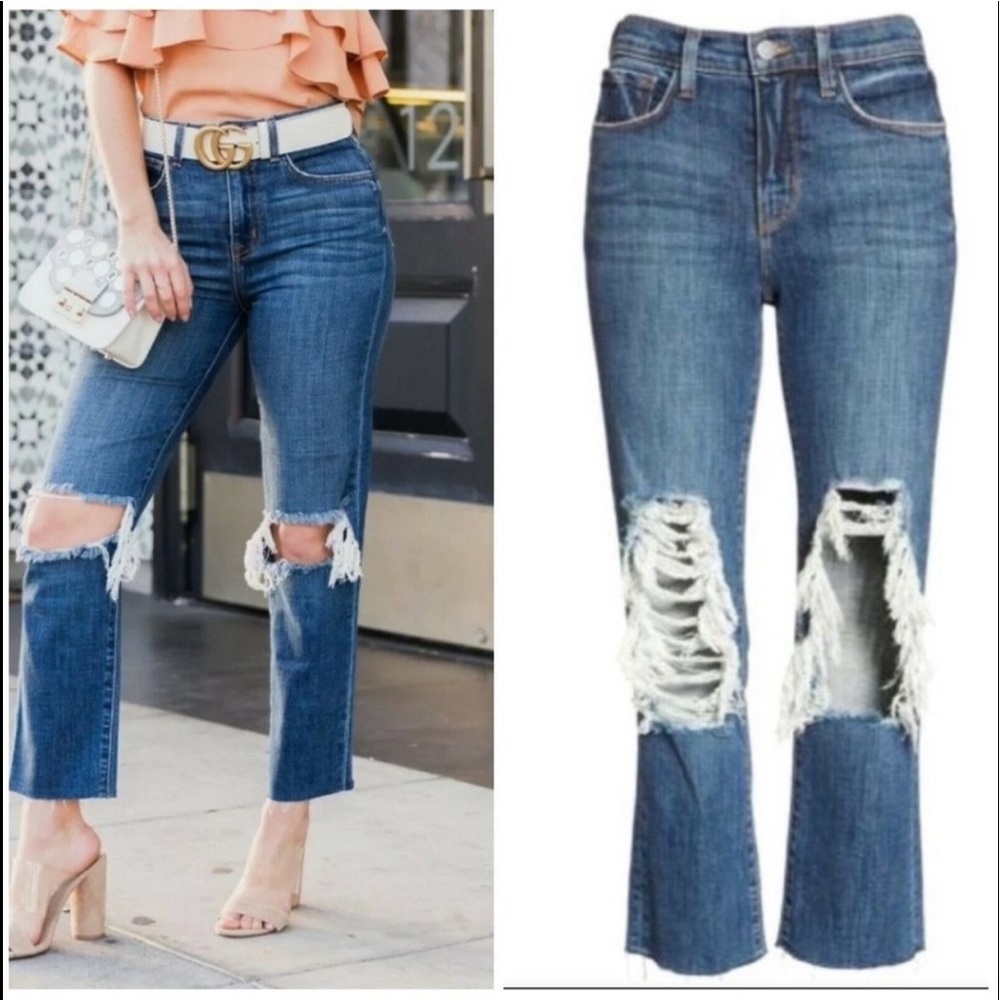 L’Agence‎ Women’s Jordan High Rise Cropped Straight Distressed Knee Denim Jeans